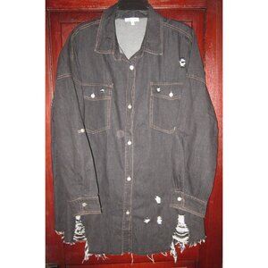 White Birch Plus Sz 2X Button Shirt Tunic Top Blouse Denim Jean Distressed Black